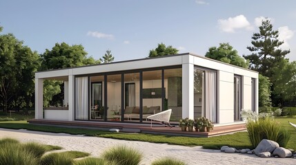 Modern Prefabricated House With Large Windows and Wooden Deck