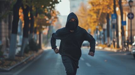 Naklejka premium A masked individual in a black hoodie runs energetically down a tree-lined street with autumn foliage.