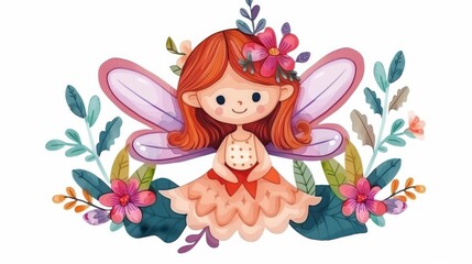 Whimsical watercolor of a fairy surrounded by flowers, perfect for a girls birthday party or baby shower decor.