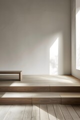 Fototapeta premium Minimalist Interior Design with Wooden Bench and Steps