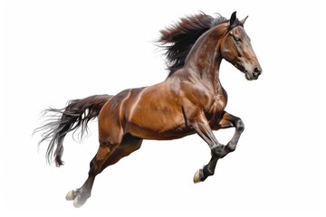 Obraz premium Brown horse in rearing pose, standing up on hind legs isolated on white background