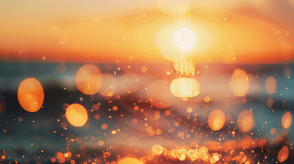 A mesmerizing abstract image of golden light orbs against a blurred sunset background, evoking warmth, wonder, and the magic of twilight.