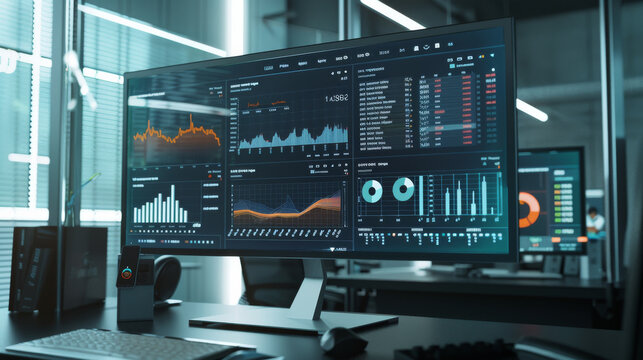 An organized and sophisticated data analysis setup with multiple charts displayed on large monitors, depicting thorough and detailed analytics.