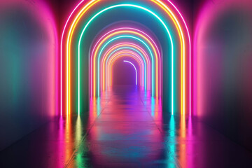 Neon Archway with Rainbow Hues and Reflections