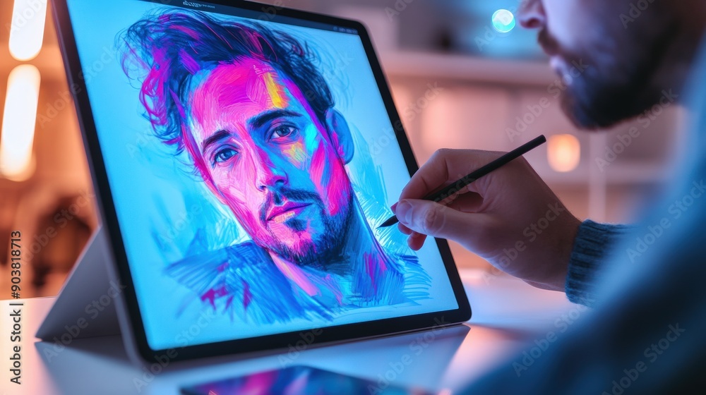 Poster a man is drawing a portrait on a computer monitor. the image is of a man with a beard and a beard