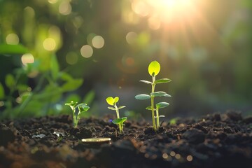 Young Plants Emerging From Soil in the Warm Light of Sunrise