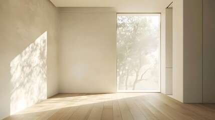 Fototapeta premium Minimalist Empty Room with Wooden Floor and Large Window