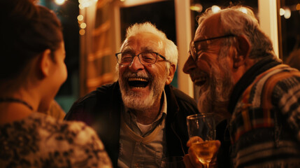 Obraz premium A group of elderly people sharing laughter and drinks at an evening gathering, embodying joy and companionship.