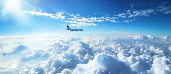 Fototapeta premium Airplane flies above the blue sky and clouds. Generative AI.