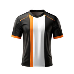 Mock up black sports jersey with orange and white vertical stripes and orange trim on the sleeves, isolated on transparent background. Generative AI.