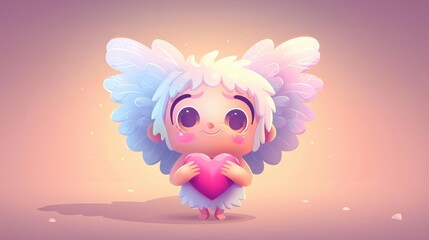 Obraz premium Adorable cartoon Cupid character hides a heart gift box, adding charm to any Valentines or lovethemed project.