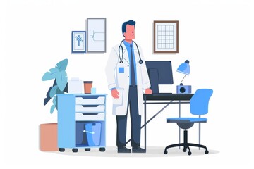 Doctor in a home office setting with medical equipment symbolizing telemedicine healthcare and professional consultation.