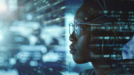 A person in glasses focuses intensely on digital information displayed on transparent screens, embodying the future of data interaction.