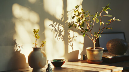 Gentle morning light casts shadows of potted plants, illuminating a peaceful corner and highlighting the natural beauty of simplicity.