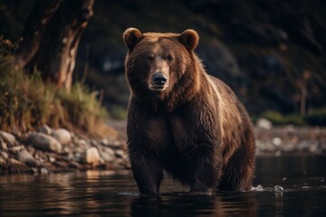 Fototapeta premium A big brown bear in the lake is hunting for fish. Animal hunting. Poaching.