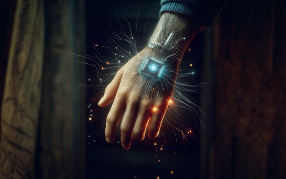 Hand with chip compenent. Embedding the chip under human skin, microcontroller implanting NFC technology