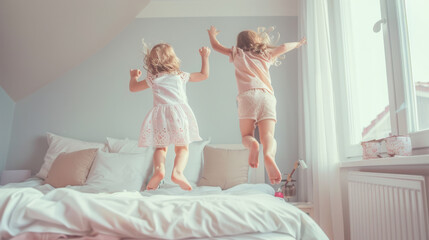 Two young girls, filled with excitement, are mid-air jumping on a neatly made bed in a bright and airy bedroom.