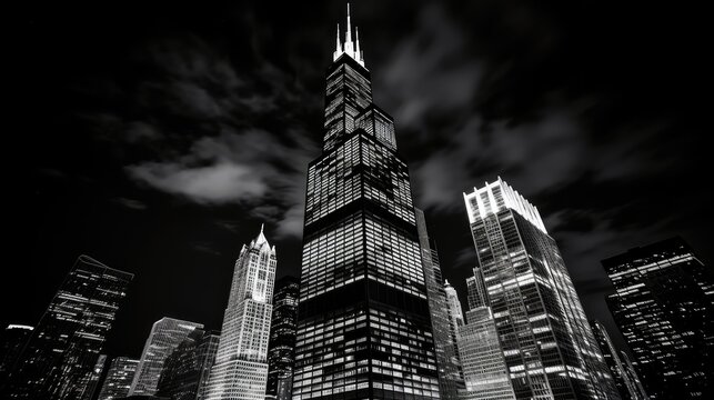 tower chicago skyline black and white