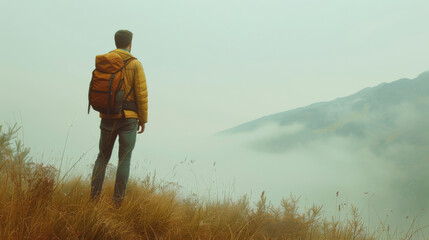 A hiker stands at the edge of a misty mountain, gazing into the foggy expanse, embracing the serenity and solitude of nature.