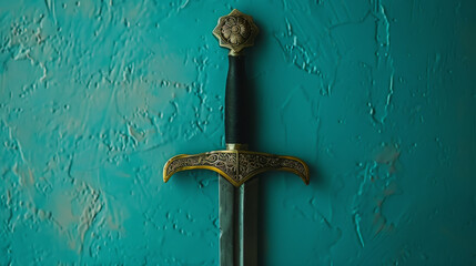 An intricately designed sword with a detailed hilt is mounted against a teal textured wall, showcasing its craftsmanship.