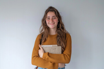 full body photo of a smiling european 22 years old student girl. holding books. looking to the camera in a white background, AI Generative