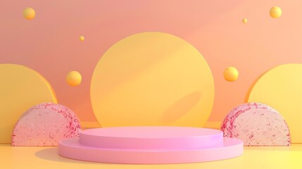 This vibrant podium includes soft pink tones, cheerful yellow backgrounds, and playful geometric shapes, perfect for creative showcases or lively events that foster engaging interactions