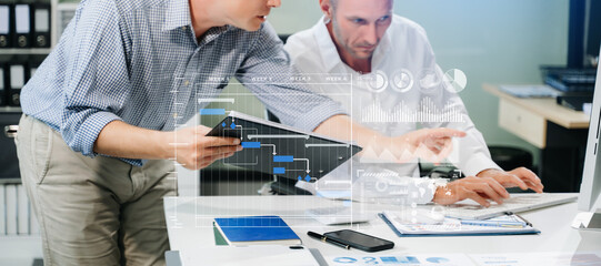 Businessman team Project manager working and update tasks and Gantt chart scheduling virtual diagram.