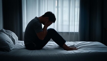 A man is sitting on a bed with her head in her hands. Scene is sad and lonely