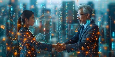 Business professionals shaking hands with digital network overlay in a modern office setting