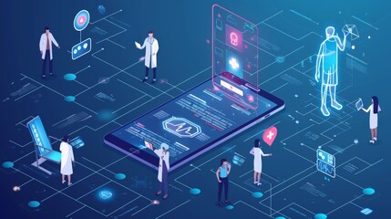 Diverse healthcare professionals engaging with advanced digital technology in a vibrant, futuristic setting.