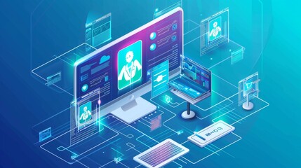 Futuristic digital healthcare interface showcasing patient data analysis and virtual consultations.