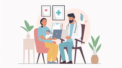 A male doctor discussing health care with a mother and her baby in a modern, comfortable clinic setting.