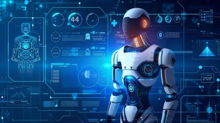 Futuristic humanoid robot with a technological interface showcasing data and analytics.