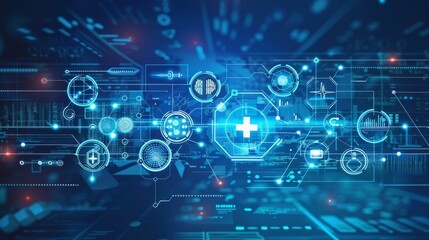 Futuristic healthcare technology interface with data visualization and medical symbols.