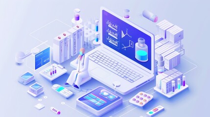 Fototapeta premium A digital illustration of a male doctor in a lab setting, analyzing medical data on a laptop surrounded by scientific equipment and medicines.