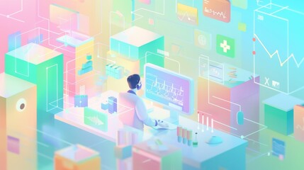 Fototapeta premium A mixed-gender digital artist immersed in a colorful data visualization workspace, exploring vibrant analytics and graphic elements.