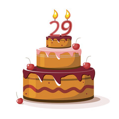 Twenty nine year anniversary. Vector birthday cake. Holiday cake with candle.  Big chocolate cake. 
