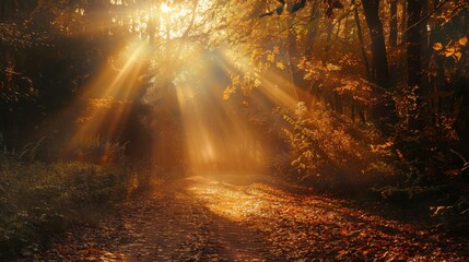 Obraz premium 64. Nature Walk, realistic style, earth tones, nature-inspired pattern, eye level, golden hour, light rays,