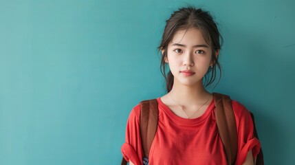 Fototapeta premium Young Woman Posing Against Blue Wall With Backpack in Casual Attire