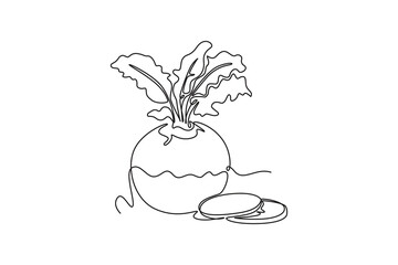 Single one line drawing whole and sliced healthy raw organic white turnip for farm logo identity. Fresh plant concept for root vegetable icon. Continuous line draw design graphic vector illustration