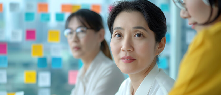 An attentive business professional engages with colleagues in a modern office. The setting includes colorful sticky notes on a glass board, emphasizing a collaborative and organized work environment.