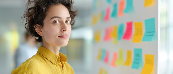 Creative woman wearing a yellow shirt stands next to a wall covered in colorful sticky notes in a modern office She looks confidently at the camera, showcasing a brainstorming and innovative workspace