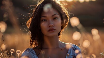 Fototapeta premium Asian Woman Radiates Beauty in a Natural Scene