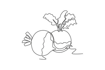 Single one line drawing whole healthy freshness organic white turnip for plantation logo identity. Fresh veggie concept for root vegetable icon. Continuous line draw design graphic vector illustration