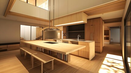 Modern Kitchen Design with Wooden Countertop and Built in Bookshelf