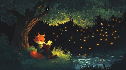 A cozy woodland scene featuring a friendly fox reading a book under a tree, with a gentle stream...
