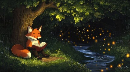 A cozy woodland scene featuring a friendly fox reading a book under a tree, with a gentle stream flowing nearby and fireflies glowing in the twilight, in a serene cartoon style, on a black background 