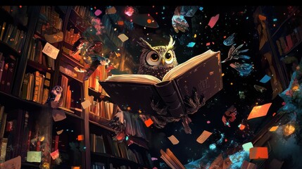 A magical library with floating books and enchanted creatures, featuring a wise old owl reading a...