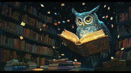 A magical library with floating books and enchanted creatures, featuring a wise old owl reading a giant tome, in a whimsical cartoon style, on a black background 