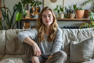 Obraz premium Woman Sitting On Couch. Portrait of Young Caucasian Woman Enjoying Domestic Life Indoors